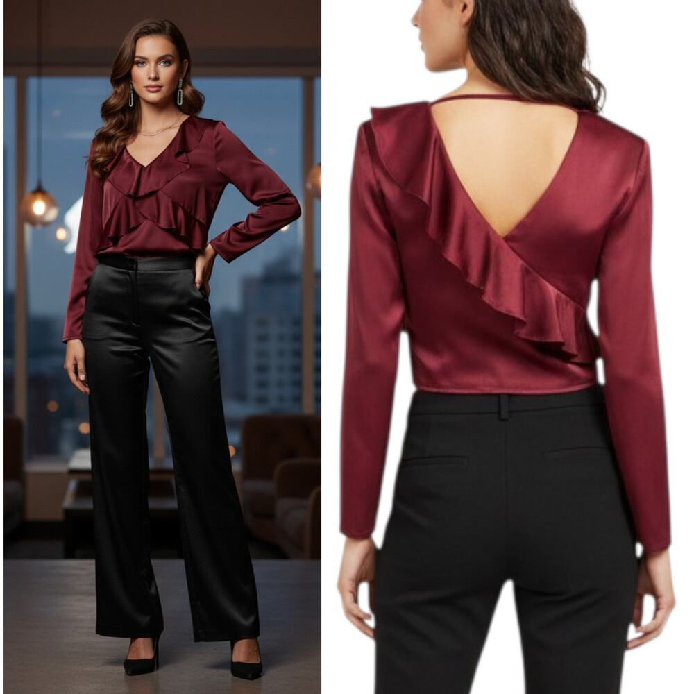 J.O.A. Ruffled Top Women's Size S Red Satin Long Sleeve V-neck Cropped Blouse